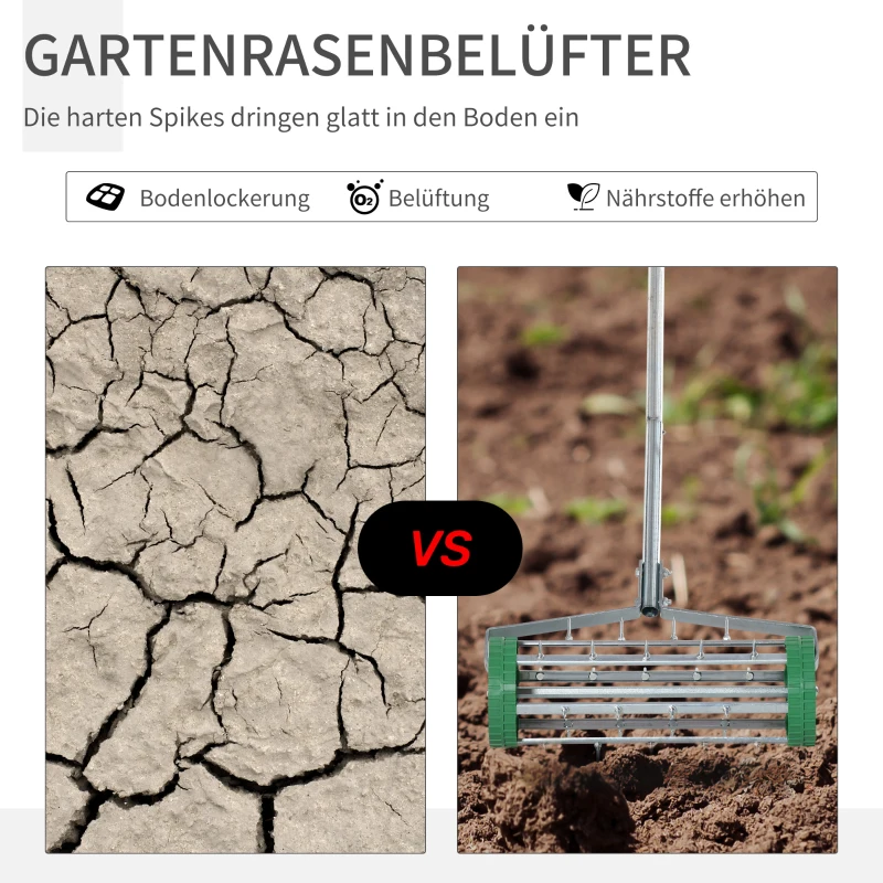 Outsunny Rasenlüfter Grifflänge einstellbar Handvertikutierer Rasenbelüften Stachelwalze Rasen rollender Rasenlüfter pflegen Garten verzinktes Rohr Grün+Silber 139 x 43,5 x 15 cm
