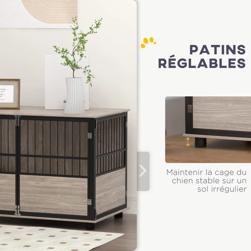 PawHut Cage pour chien intérieur, table d'appoint, 100 x 60 x 68 cm, niche, 3 portes verrouillables,  aspect bois noir