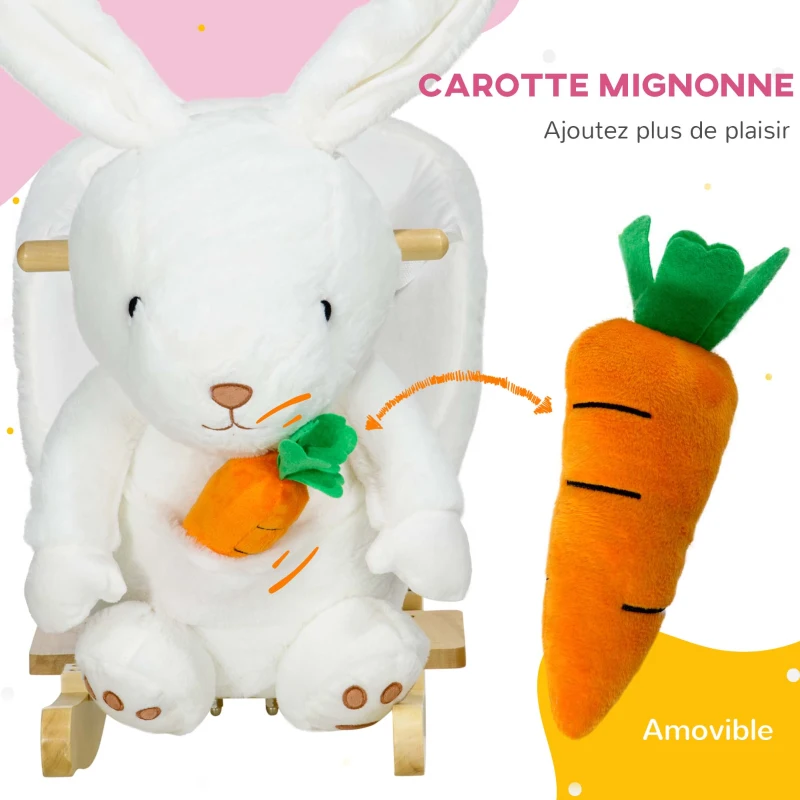 HOMCOM Jouet à bascule modèle lapin fonction musicale selle grand confort peluche courte douce bois peuplier 18-36 mois blanc