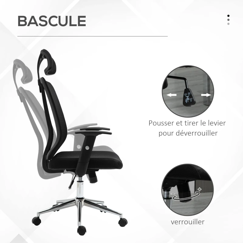 Vinsetto Chaise de Bureau Ergonomique Fauteuil de Bureau Grand Confort hauteur réglable Tissu Maille Polyester Noir