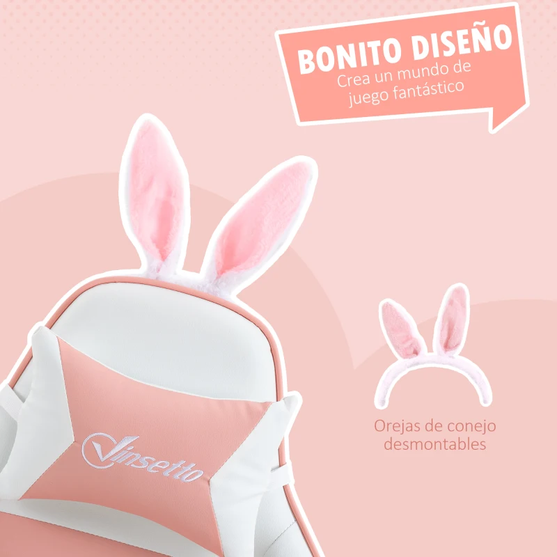 Vinsetto Silla Gaming Profesional de Cuero PU con Altura Ajustable Inclinable 135° Reposacabezas 65x63x136-142 cm Rosa y Blanco