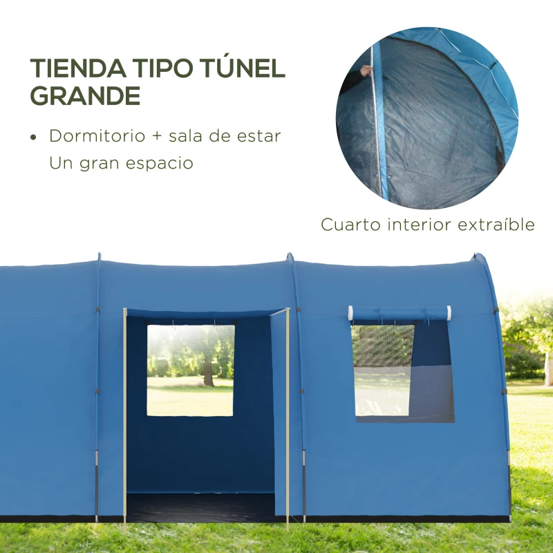 Outsunny Tienda de Campaña Familiar de Túnel para 5-6 Personas Impermeable PU2000 mm con Bolsa de Transporte 475x315x215 cm Azul