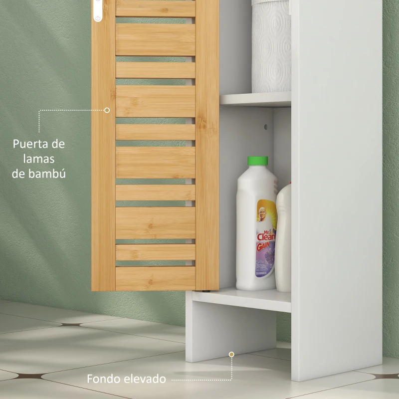 HOMCOM Mueble Auxiliar de Baño con Portarrollos de Papel Estantes Ajustable y Puerta de Bambú 21x17x78 cm Blanco y Natural