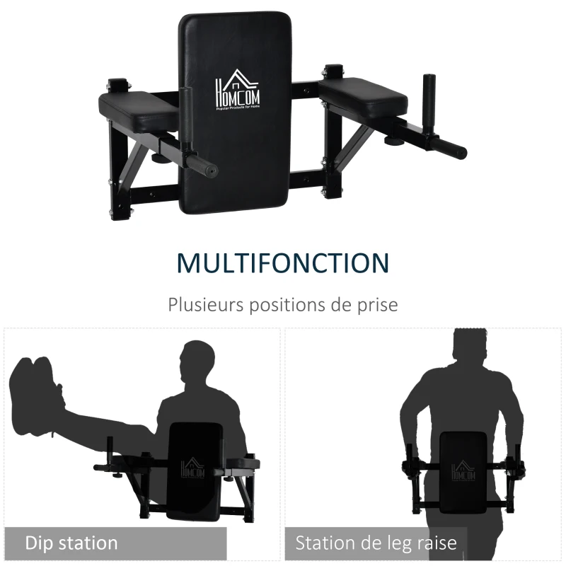 HOMCOM Barre de traction murale barre de fitness barre d'étirement musculation en acier avec coussin de dossier et coudière largeur réglable sur 3 niveaux 70 x 48 x 53-63 cm noir