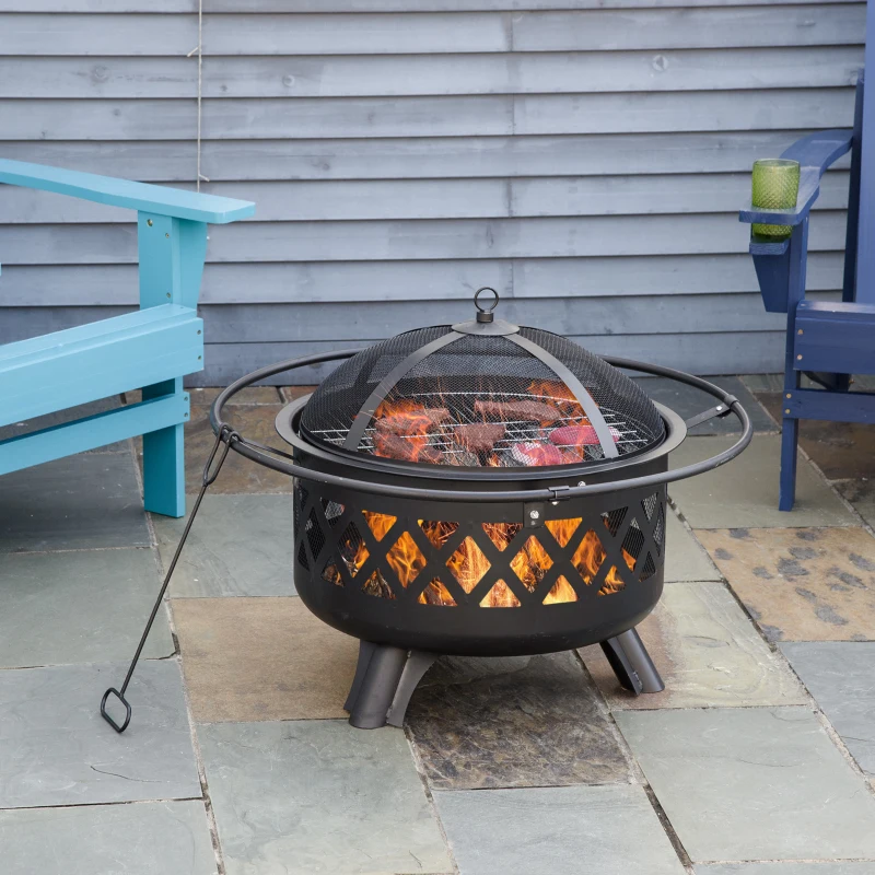 Outsunny 2-in-1 Outdoor Fire Pit with BBQ Grill, Patio Heater Log Wood Charcoal Burner, Firepit Bowl with Spark Screen Cover, Poker for Backyard Bonfire