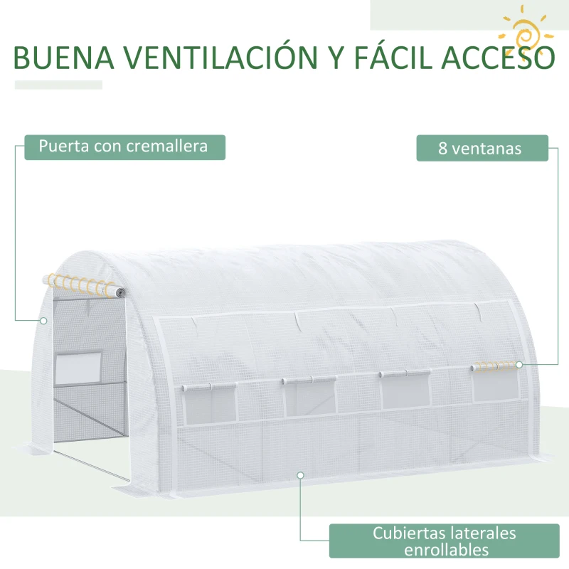 Outsunny Invernadero de Túnel Invernadero de Jardín 4x3x2 m con Puerta y 8 Ventanas Enrollables para Cultivos Plantas Blanco