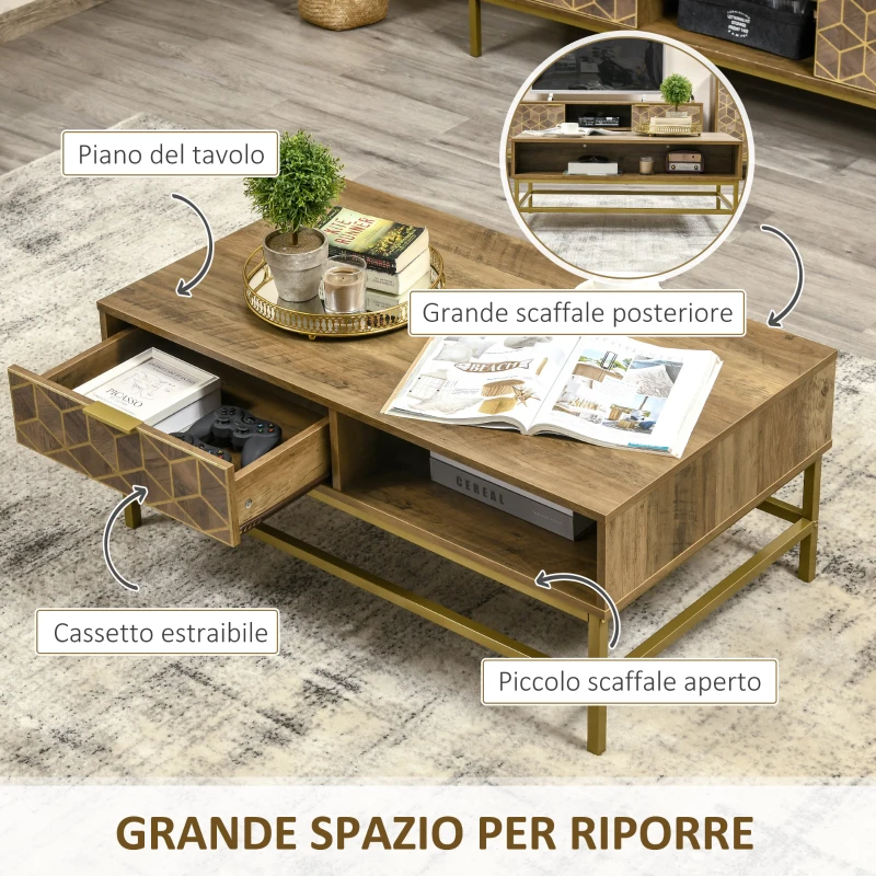 HOMCOM Tavolino da Salotto Rettangolare con Cassetto e 2 Ripiani Aperti, 100x59x42.8cm