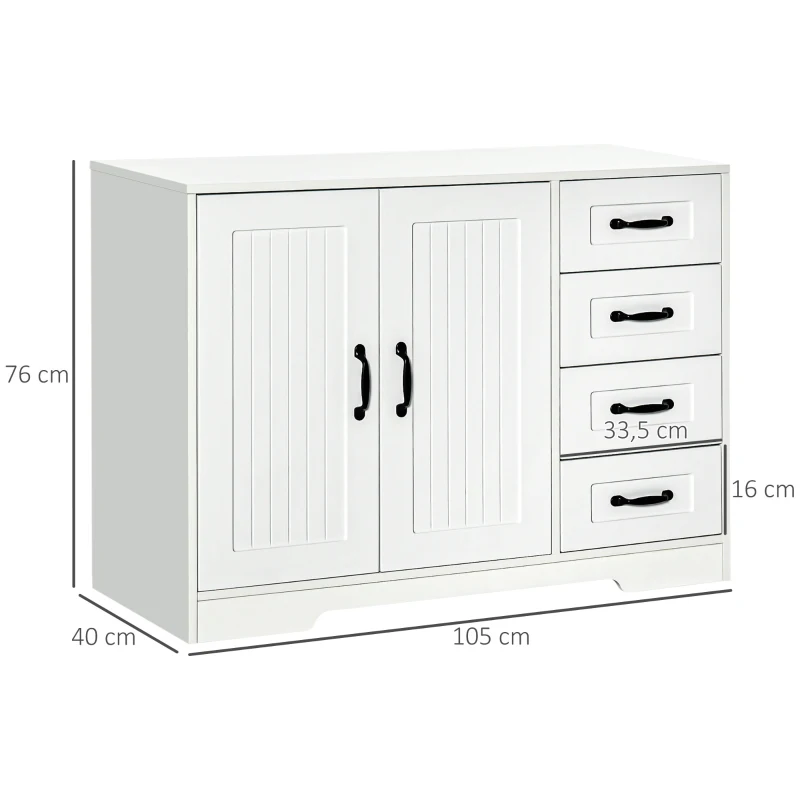 HOMCOM Sideboard Kommode Anrichte, Modernstil, 4 Schubladen, 1 Schrank, 105 cm x 40 cm x 76 cm, Weiß(m-3)