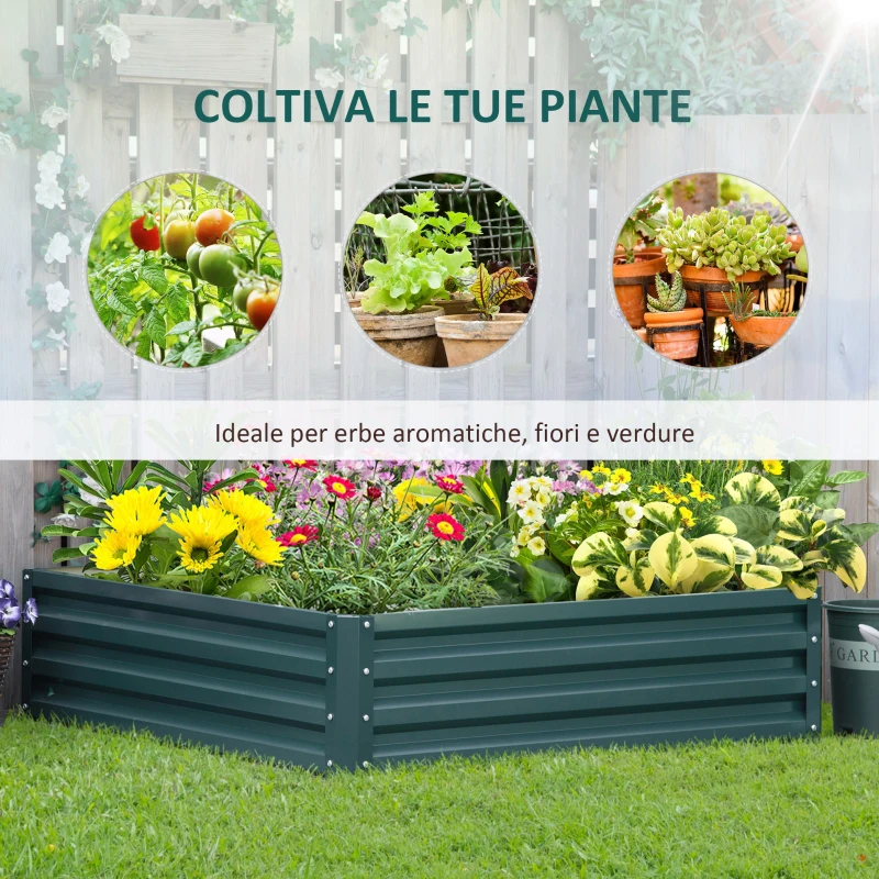 Outsunny Letto per Orto Rialzato a Fondo Aperto con Rivestimento, in Acciaio Zincato, 120x120x30 cm, Verde
