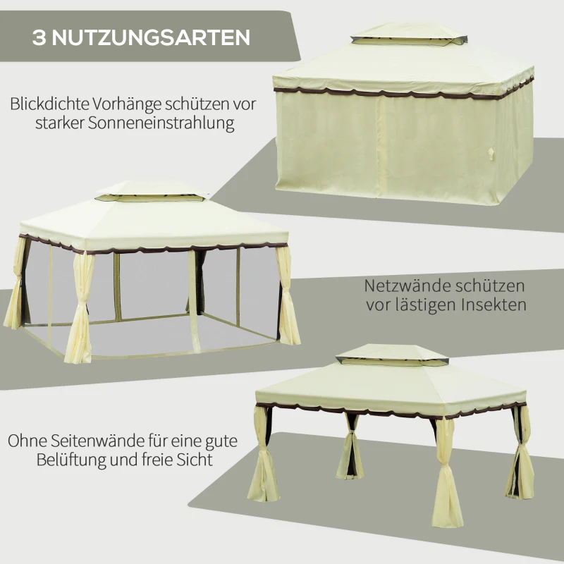 Outsunny Gartenpavillon Pavillon Gartenzelt Festzelt Partyzelt mit 4 x Seitenwand wetterfest Aluminium Polyester Cremeweiß 3,9 x 2,9 x 2,7 m