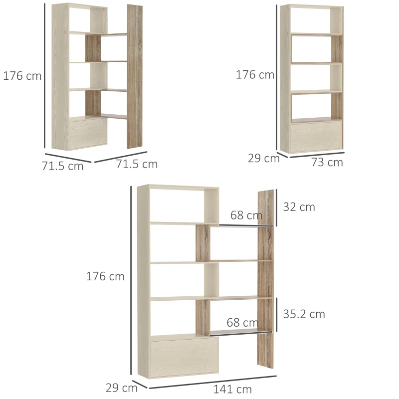 HOMCOM Libreria Scaffale a Ripiani Salvaspazio 2 Pezzi per Soggiorno in Legno 141 x 29 x 176 cm Bianco, Rovere