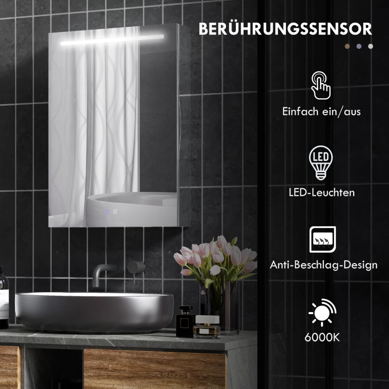 HOMCOM Spiegel-Badschrank, LED-beleuchtet, Anti-Beschlag, 50x13x70cm, Silber