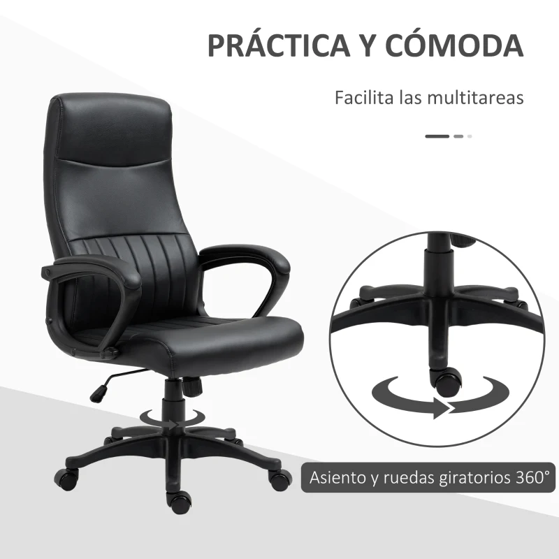 Vinsetto Silla de Oficina Ergonómica Silla de Escritorio Basculante y Giratoria 360° con Altura Ajustable Respaldo Alto y Reposabrazos Piel Sintética 61,5x66x113-123 cm Negro