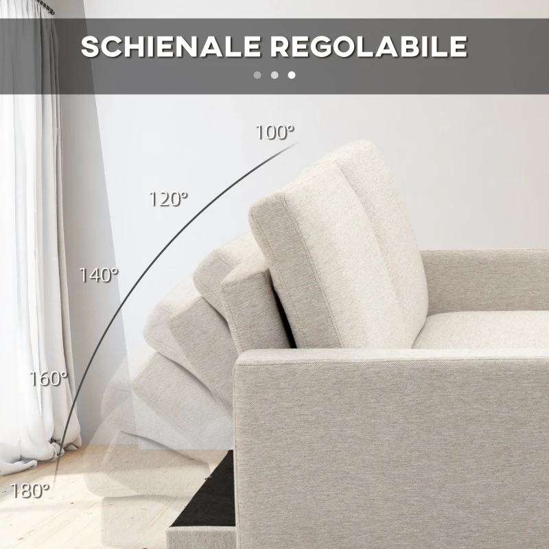 HOMCOM Divano Letto 3 Posti in Tessuto con Poggiapiedi e Schienale a 5 Reclinazioni, 213x91x83cm, Crema