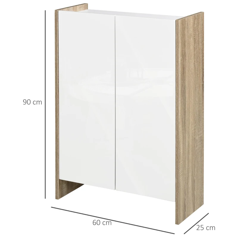 HOMCOM Armario de Almacenaje de 2 Puertas Mueble Auxiliar de Baño Multiusos con 2 Estantes para Cocina Salón Dormitorio 60x25x90 cm Acabado en Blanco Brillo