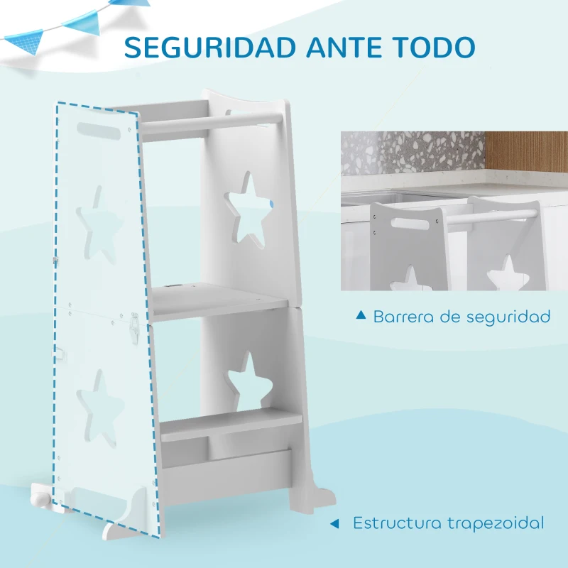AIYAPLAY Torre de Aprendizaje 2 en 1 Convertible en Mesa y Silla con Barra de Seguridad 60x44,5x86 cm Blanco
