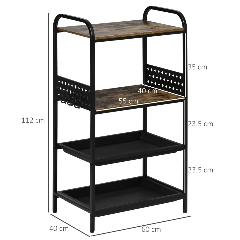 HOMCOM Mobile Cucina a 4 Livelli con 6 Ganci, 2 Vassoi e 4 Ripiani Rimovibili in MDF e Acciaio, 60x40x112 cm, Marrone