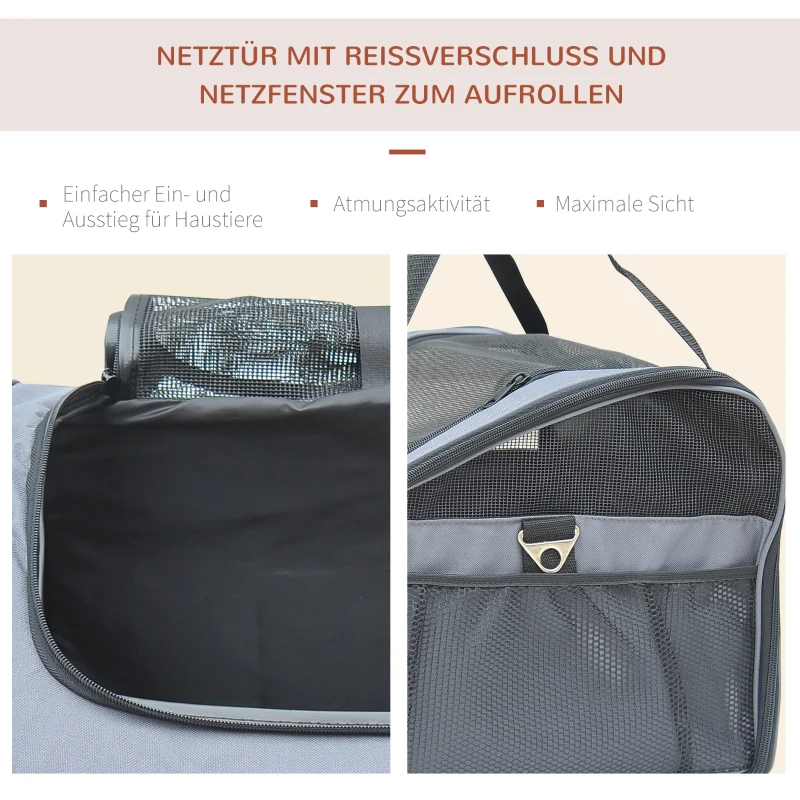 PawHut Hundebox faltbar Hundetransportbox mit Seitentasche, Meshfenster, Hundetasche für Zuhause, Auto, Outdoor Transporttasche für Miniaturhunde bis 4 kg, Oxford, Grau