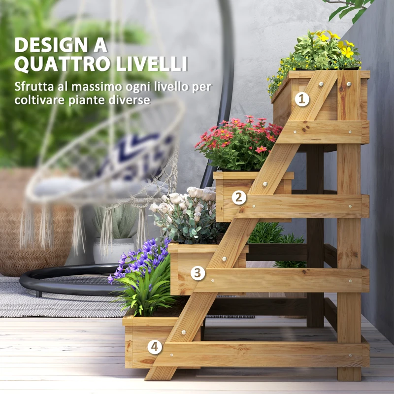 Outsunny Fioriera Rialzata a 4 Livelli con Fori di Drenaggio e Tessuto non Tessuto, in Legno di Abete, 75x57x60.5 cm