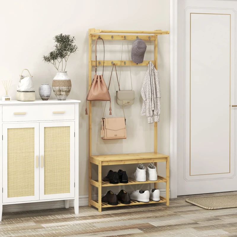 HOMCOM Mobile Appendiabiti 3 in 1 in Bambù con 10 Ganci, 2 Aste e Panca Scarpiera, 70x31x170 cm, Marrone
