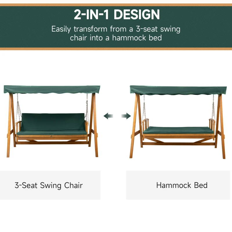Outsunny 3 Seater 2-in-1 Wooden Garden Swing Seat Swing Chair Outdoor Convertible Hammock Bench Furniture Lounger Bed Wood, Dark Green