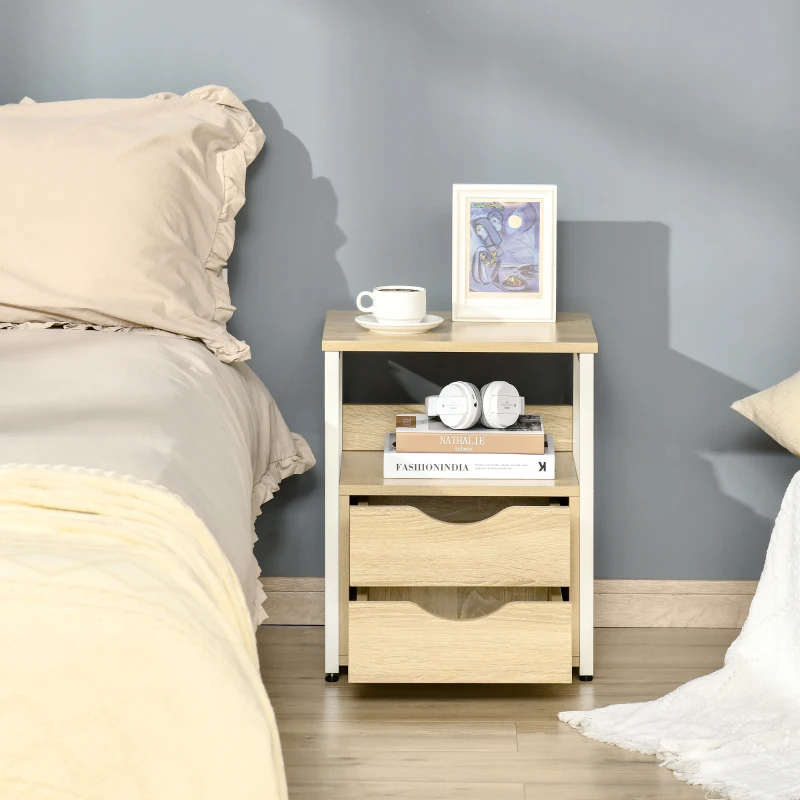 HOMCOM Mesa Auxiliar con 2 Cajones y Estantes de Almacenamiento Mesita de Noche con Marco de Metal 40x35x49 cm Natural