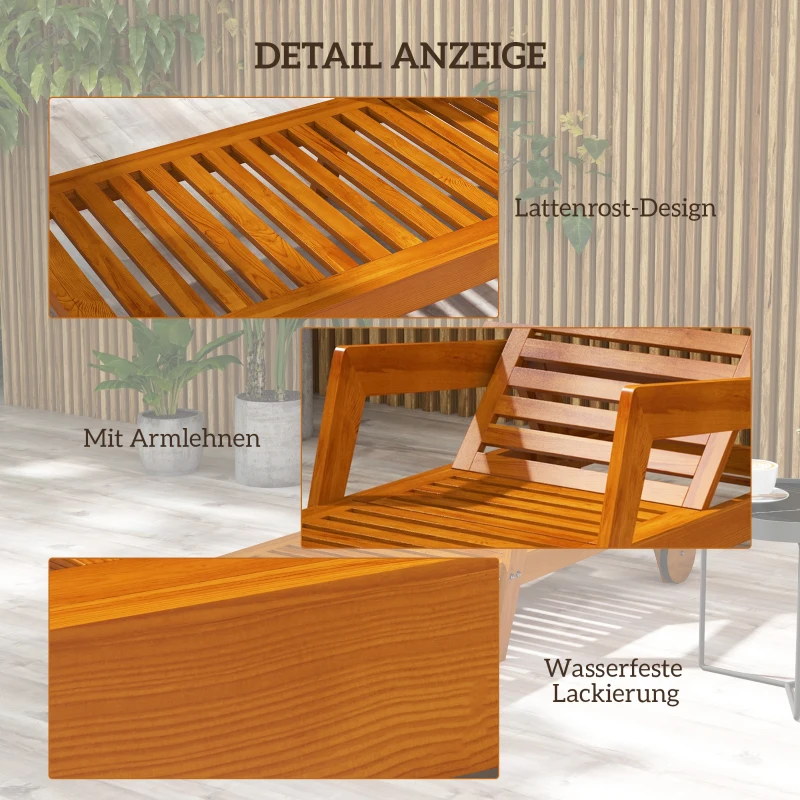 Outsunny Bain de soleil en bois à lattes avec dossier inclinable sur 3 positions accoudoirs 2 roues 66 x 190 x 73,5 cm