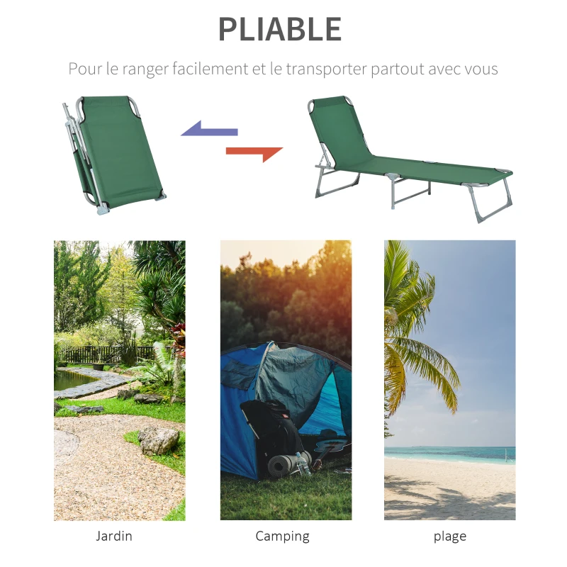 Outsunny Bain de soleil transat pliable dossier réglable multipositions métal et polyester vert
