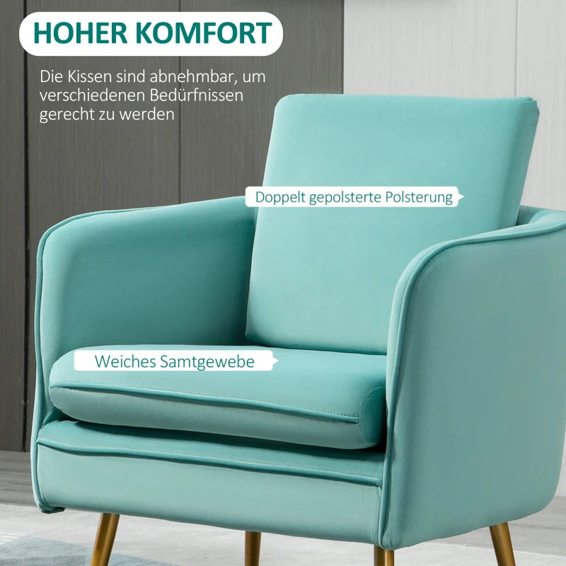 HOMCOM Polstersessel ​mit Armlehnen Ohrensessel Bürostuhl Wohnzimmerstuhl Polsterstuhl Vintage Samt-Touch Holz Grün 59 x 65 x 80 cm