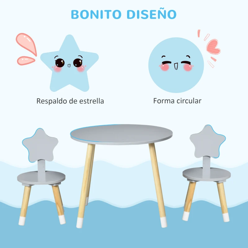 HOMCOM Juego de Mesa y 2 Sillas de Madera para Niños Mesa Redonda Ø59x50 cm y Sillas Ø28x51 cm Muebles Infantiles Gris