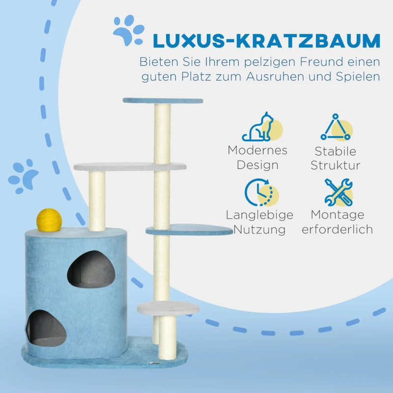 PawHut Kratzbaum mit Kratztonne inkl. Kratzball für Katzen, 87 cm x 60 cm x 122 cm, Blau + Grau + Gelb