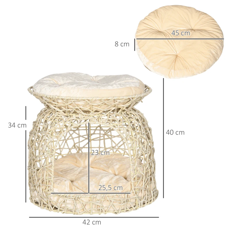 PawHut Katzenhaus aus PE-Rattan, 2 Etagen, Katzenhöhle mit Kissen, 42 cm x 42 cm x 40 cm, Beige