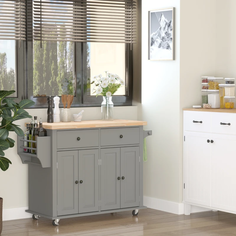 HOMCOM Desserte ilôt de cuisine multi rangements 2 tiroirs 2 placard 2 portes avec étagère range-bouteille porte-torchons et étagère réglable MDF gris hévéa
