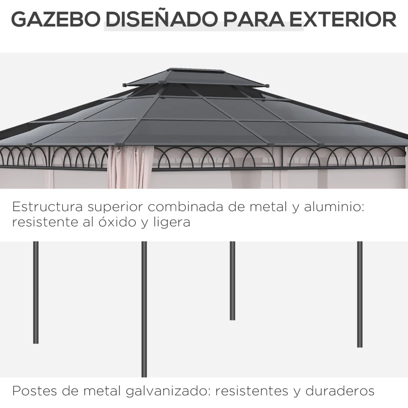Outsunny Cenador de Jardín con Techo Doble Cortinas Opacas y Mosquiteras para Patio Fiestas Terraza 3,6x3m Negro y Caqui