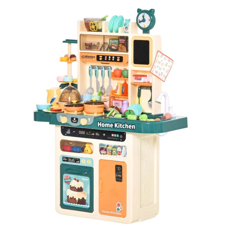 HOMCOM Kinderküche Küchenspielzeug mit Zubehör 113–teilige Spielküche Musikfunktionen Spielzeugset Spielzeugküche für 3–6 Jahre PP-Kunststoff ABS Beige+Grün 70 x 32 x 92,2 cm