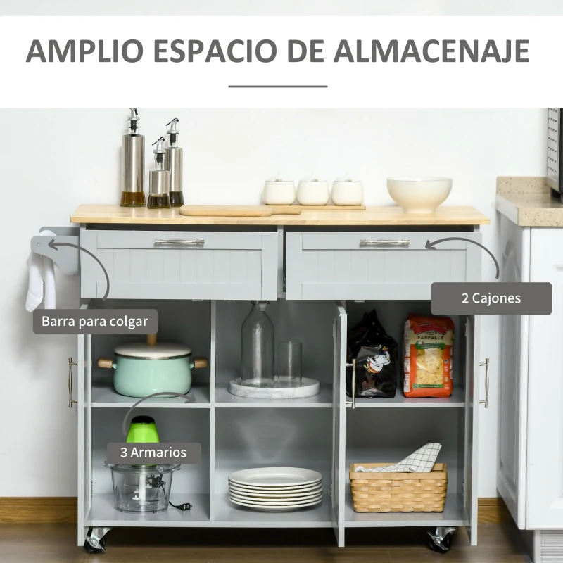 HOMCOM Carro de Cocina con Ruedas Isla de Cocina con 2 Cajones y Barra para Colgar para Comedor 121x46x91 cm Gris