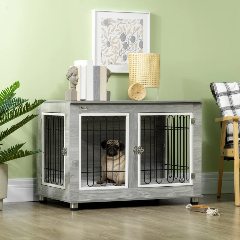 PawHut Dog Crate Furniture End Table, with Washable Cushion, Double Doors, for Medium/Large Dogs, Grey