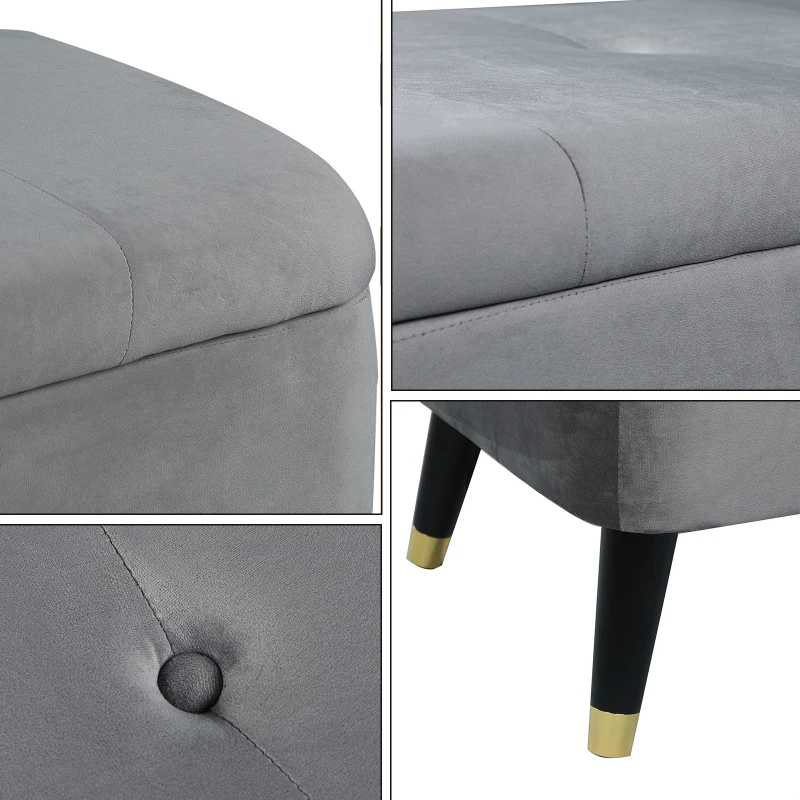 HOMCOM Banc de rangement, bout de lit, coffre de rangement, repose-pieds en velours côtelé avec couvercle, pour salon, chambre, entrée, 117 x 44 x 50 cm, gris