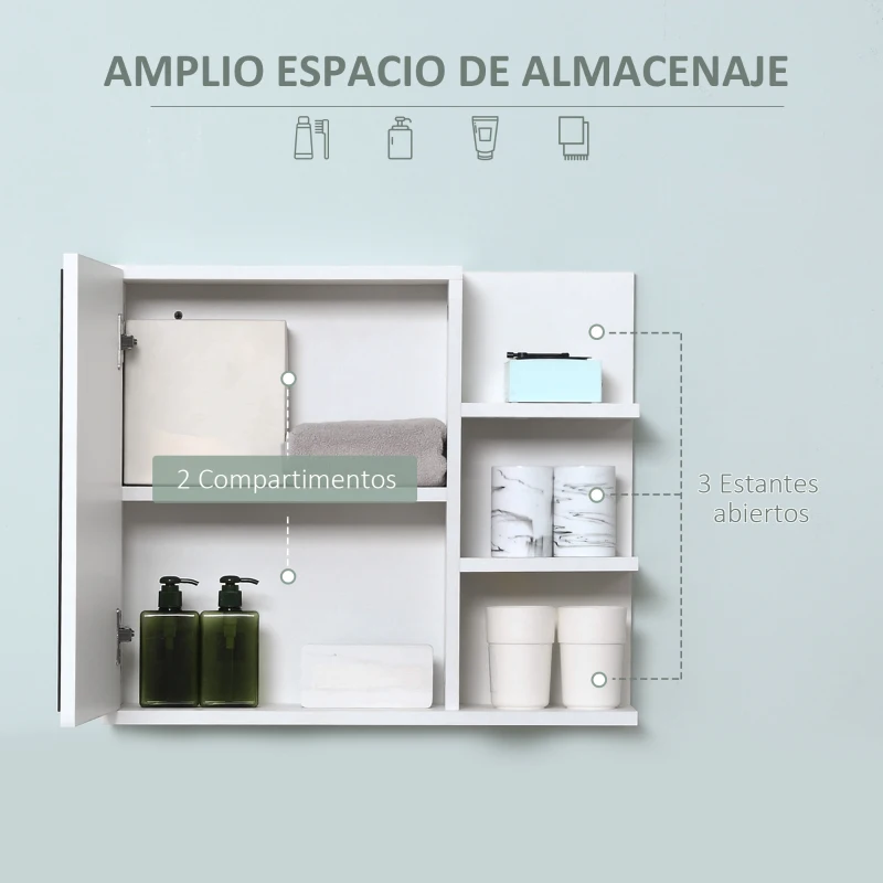 kleankin Armario con Espejo para Baño con 3 Estantes Abiertos y 1 Estante Interior Estilo Moderno 60x18x50 cm Blanco