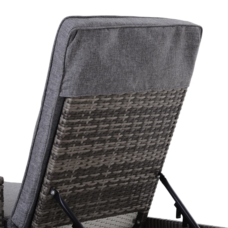 Outsunny Conjunto de 2 Tumbonas de Jardín con Cojines Acolchados Ratán con Mesa Auxiliar para Piscina o Terraza Carga 160kg 195x60x86 cm Acero Gris