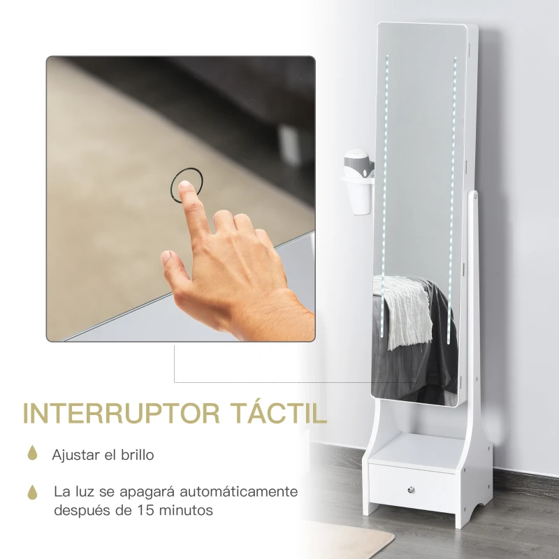 HOMCOM Armario para Joyas con Espejo de Cuerpo Entero Ángulo Ajustable con Cajón y Colgador para Secador 37x30x158 cm Blanco