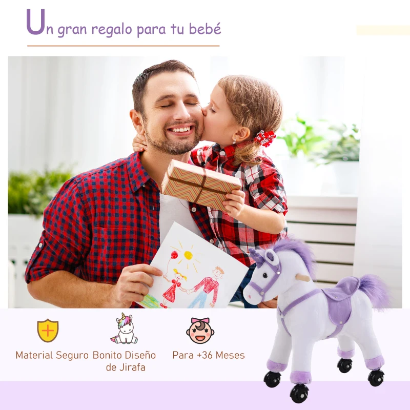HOMCOM Caballo Pony Mecánico para Cabalgar Balancín con Ruedas Peluche Caballito Juguete con Sonidos 55x23x60cm