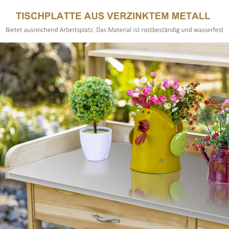 Outsunny Pflanztisch mit verzinkter Arbeitsplatte Gärtnertisch mit Schublade Schrank Garten Arbeitstisch Massivholz Natur 112 x 48 x 125 cm