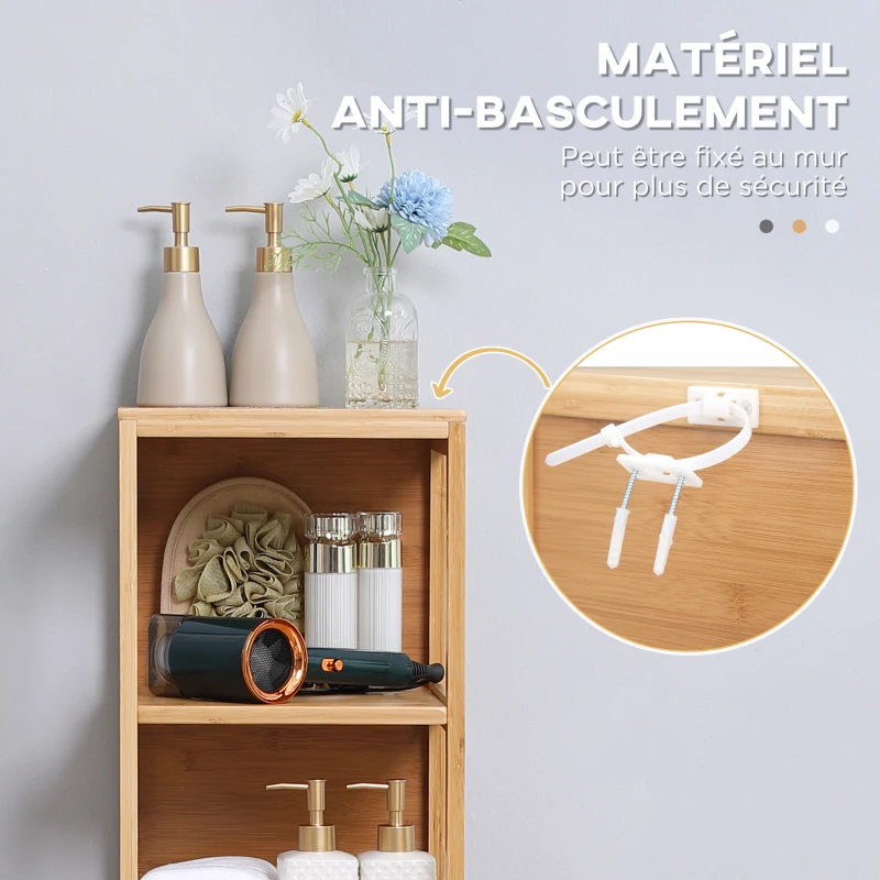 kleankin Meuble de rangement colonne pour salle de bain en bambou 2 tiroirs amovibles et 3 étagères 30 x 30 x 140 cm naturel