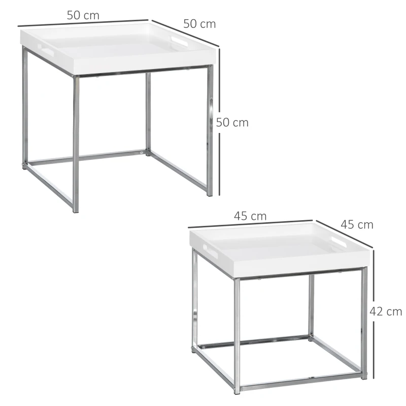 HOMCOM High Gloss Coffee Table Set of 2, Square Nest of Tables with Steel Frame for Living Room, White