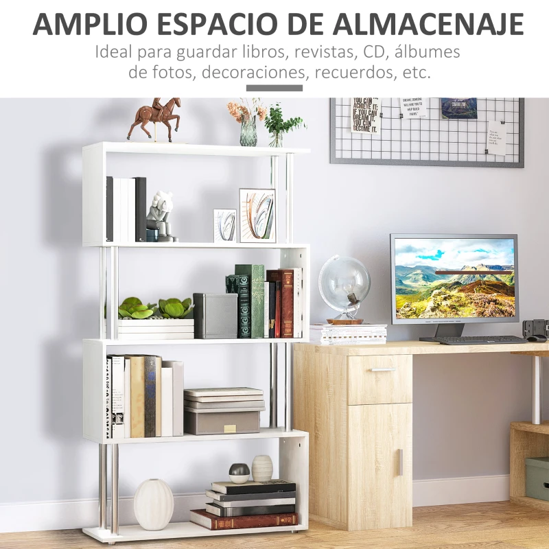 HOMCOM Librería en Forma S Estantería para Libros de 4 Niveles Mueble Estantería para Salón Oficina Estudio 80x30x145 cm Blanco