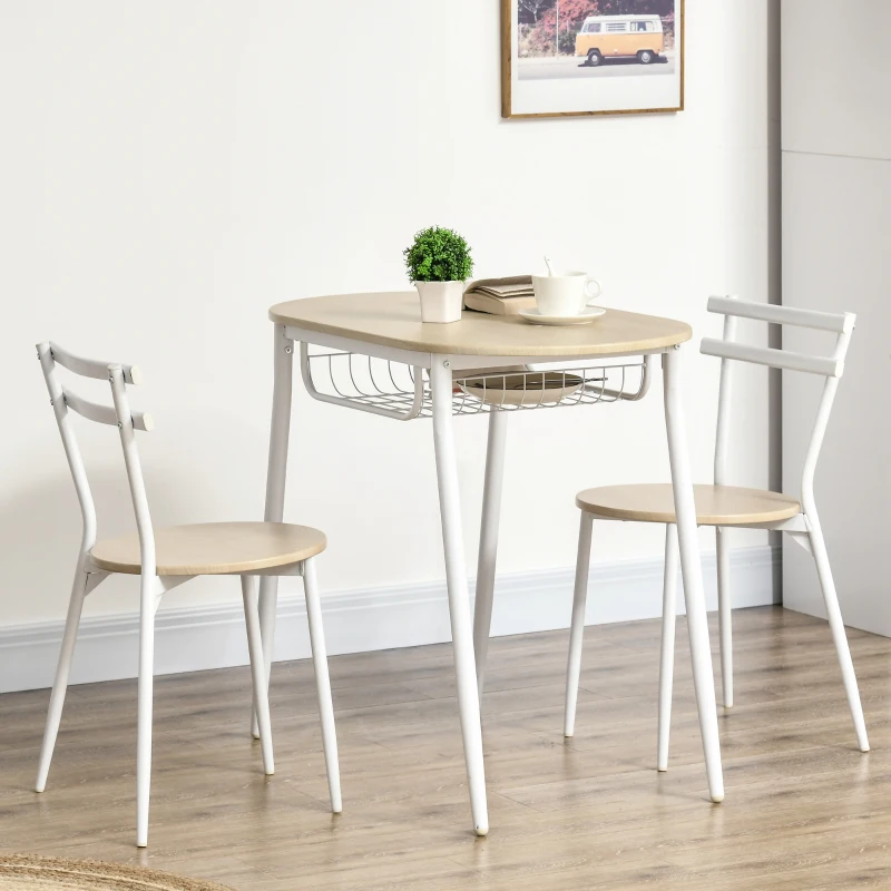 HOMCOM Sedie e Tavolo da Pranzo, Set 3 Pezzi con 2 Sedie e Tavolo Ovale con Ripiano, in MDF e Acciaio