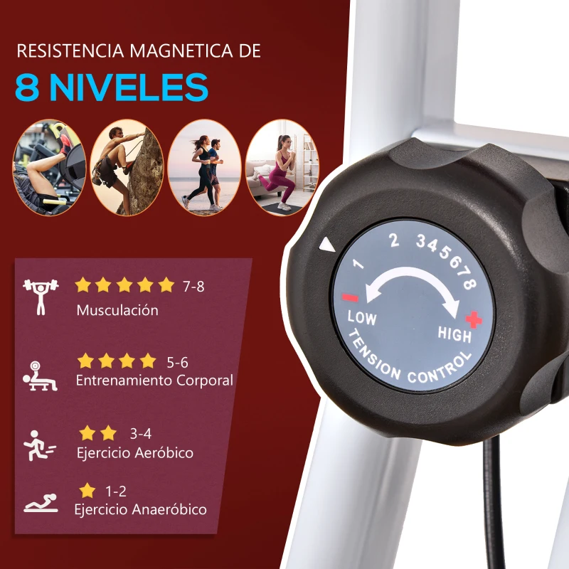HOMCOM Bicicleta Estática Plegable con Resistencia Magnética Asiento con Altura Ajustable y Pulsómetro 43x97x109 cm Rojo(m-5)