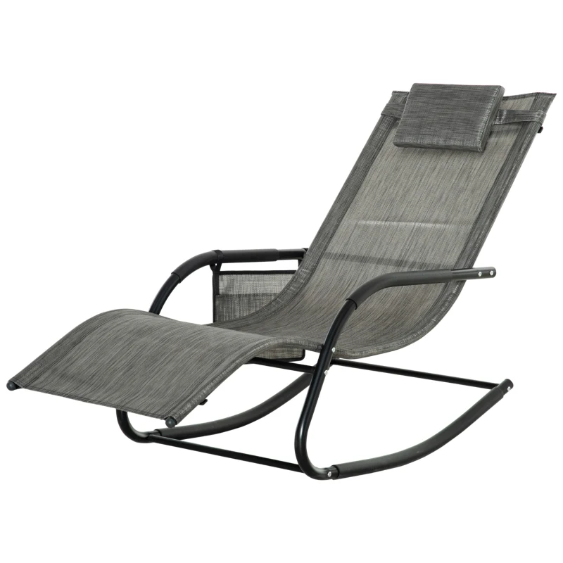 Outsunny Outdoor Garden Rocking Chair, Patio Sun Lounger Rocker Chair with Breathable Mesh Fabric, Removable Headrest Pillow, Armrest, Side Storage Bag, Dark Grey