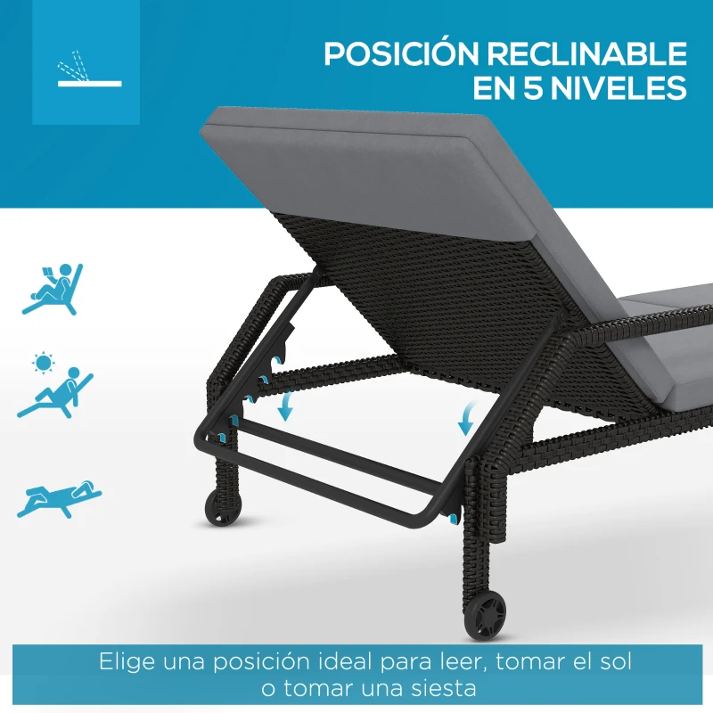 Outsunny Tumbona de Ratán Sintético con Respaldo Ajustable en 5 Posiciones Cojín y Ruedas  73x200x48 cm Gris Claro y Negro